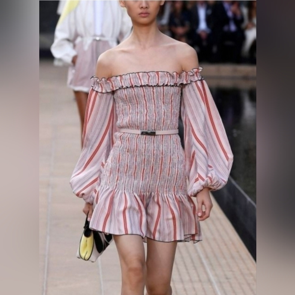 LONGCHAMP Off The Shoulder Striped Smocked Mini Dress